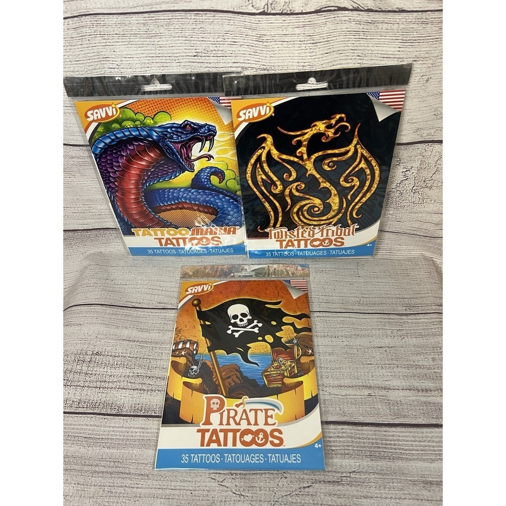 Lot of 3 Savvi Tattoo Mania Classic‎ Sealed Package 35+ Tribal Temporary Tattoos